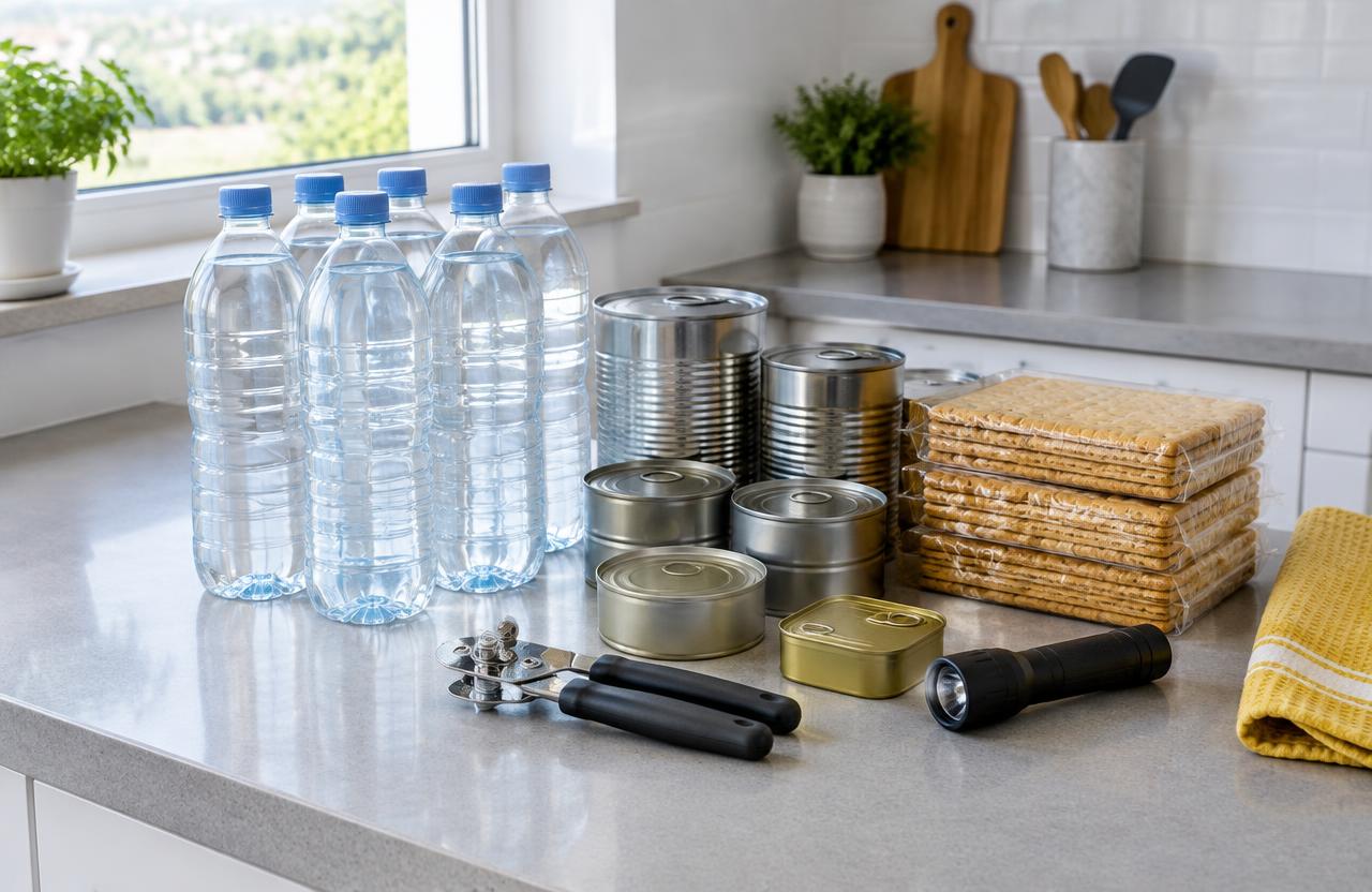 Garrafas de água seladas, conservas, bolachas, abre-latas manual e lanterna numa bancada de cozinha