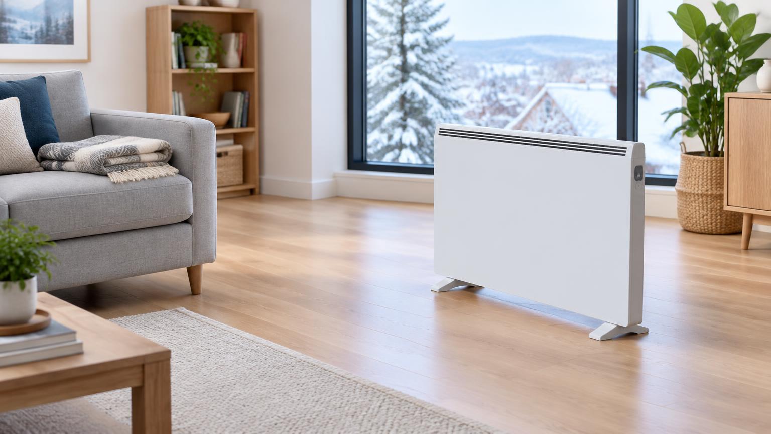 Aquecedor elétrico numa sala com paisagem de inverno.