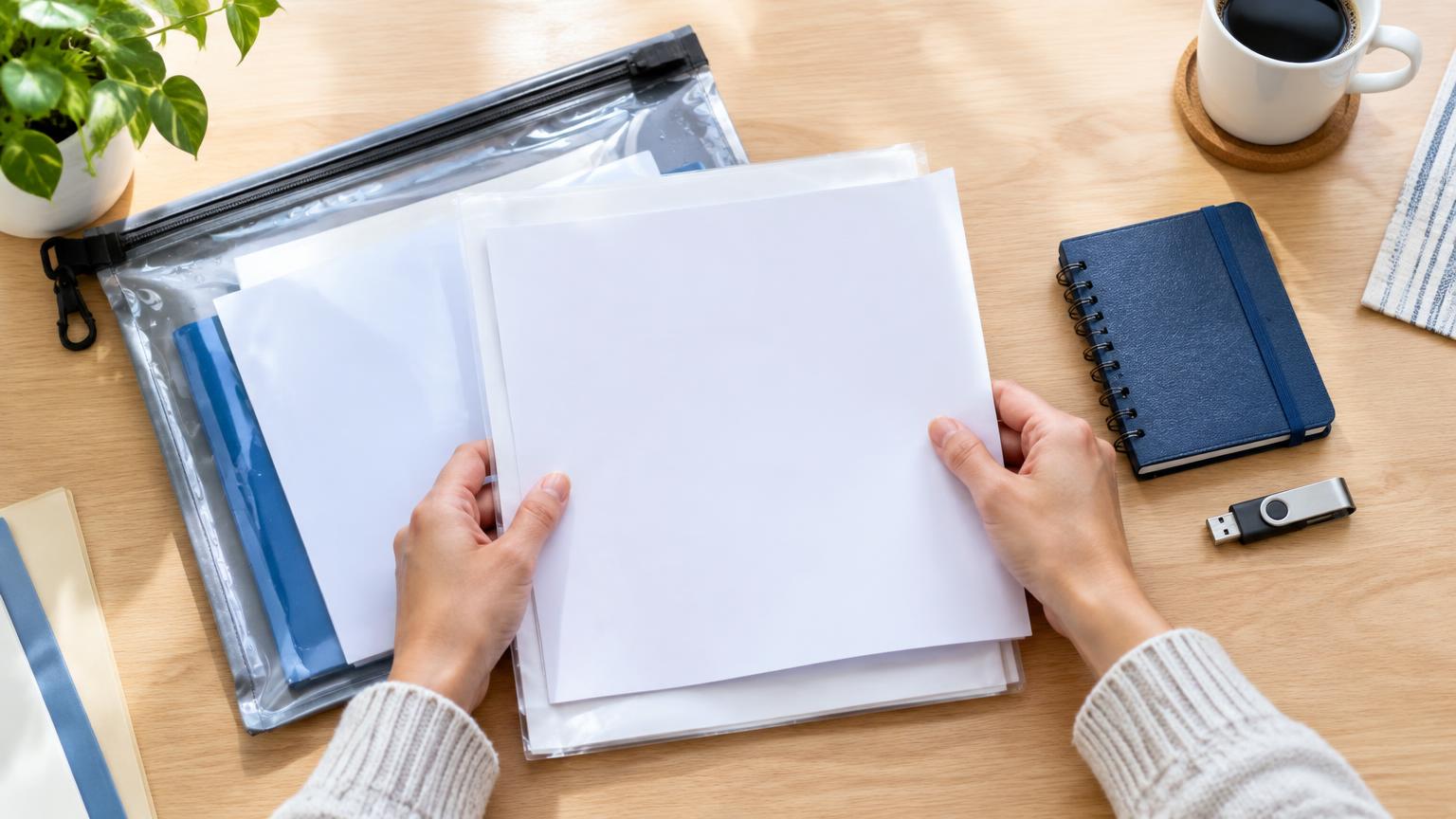 Pasta de documentos, caderno e suporte digital numa secretária.