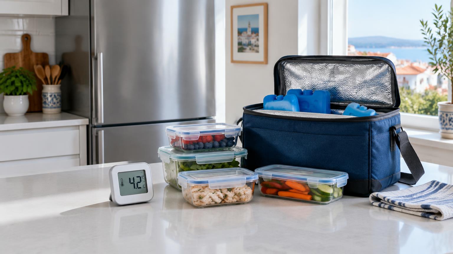 Frigorífico fechado junto de uma bolsa térmica, alimentos e termómetro.